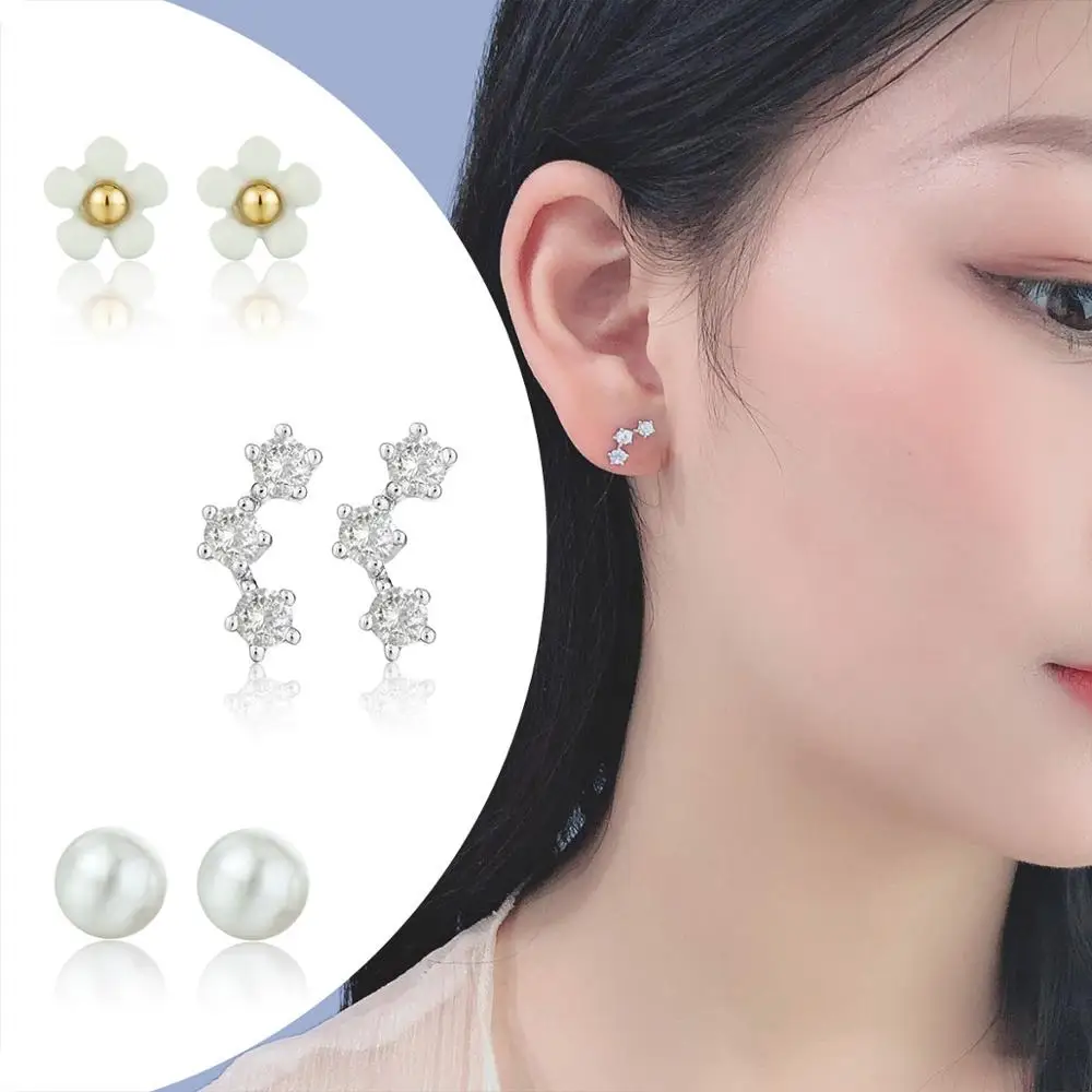 

3pair/lot Tiny Zircon Stars Earrings Piercing Accessories Chic Imitation Pear Beads Stud Earrings Set Jewelry Womens Gifts EH10