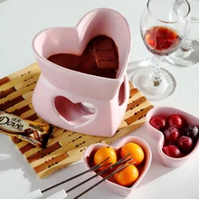 Free shipping 250cc Heart shape pink fondue set ice cream pot chocolate fondue ceramic cheese hot pot with fork and candle