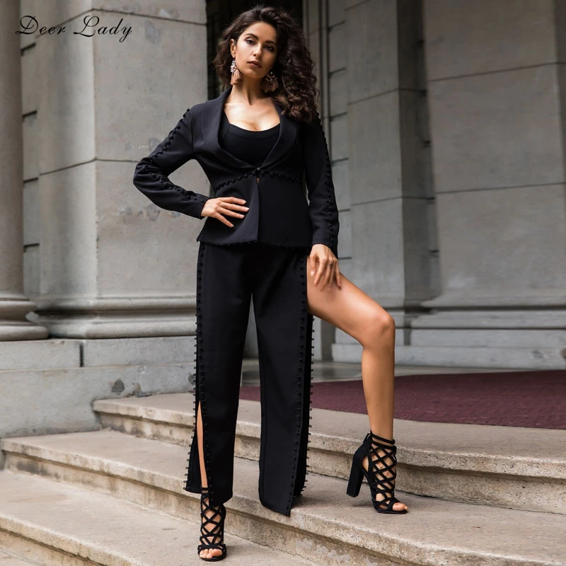 Femmes Pantalon De En Nouvelle Moulante black À Noir Manches Dame White 2 Ensemble Gros Lady Cerfs Office 2018 Longues Mode Pièces Costume Hl fOxdYwUq