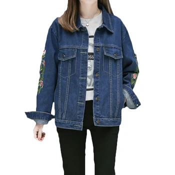 

2019 Spring Autumn New Large Size Women's Short Jeans Coats Female Loose Korean Tops Casual Embroidered Floral Denim Jacket