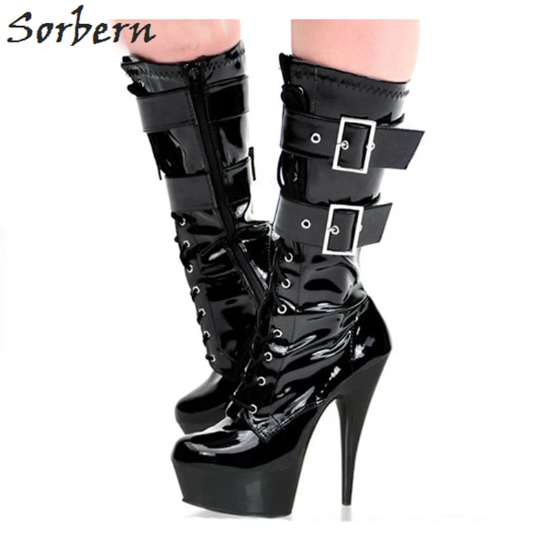 

Sorbern Ankle Boots For Womens Patent Leather Buckle Strap Lace Up China 35-46 Custom Made Color Platform Boots For Ladies