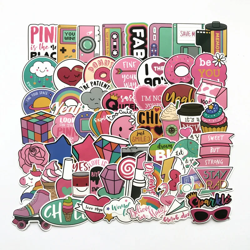 

60 pcs Kawaii Pink Series Stickers for Girl Toy Phone Travel Laptop Luggage DIY Cool Funny Scrapbooking Sticker Gift Stationery