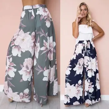 

2018 New Fashion Hot Sexy Charming Womens Floral Pants High Waist Wide Leg Casual Long Trousers