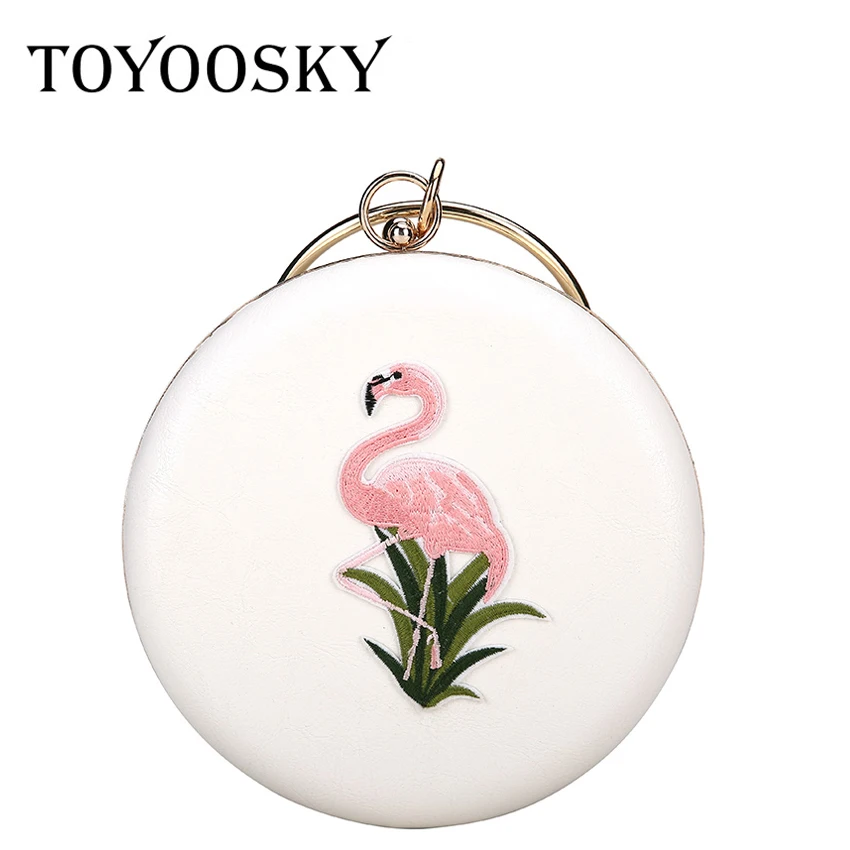 

TOYOOSKY Women Evening Bag Embroidery Flamingo Chain Box Bags Circular Handbag Ladies Messenger Bags Mini Circle Purse