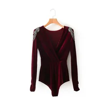 2019 Autumn V neck Sexy Velvet Bodysuit Women Beading Shoulder Long Sleeve Rompers Elegant Skinny Bodysuit