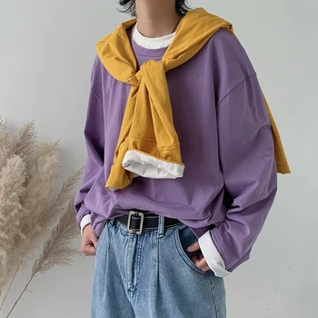 

2019 Spring And Autumn New Fake Two Solid Color Loose Bottoming Shirt BF Wind Long Sleeve T-shirt Black Blue Yellow Purple