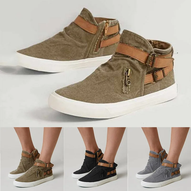 

Women's Walking Shoes Belt Buckle Zipper Fashion Slip-on Shoes Feamle Outdoor Casual Canvas Footwear 2019 Spring Fashion Shoes