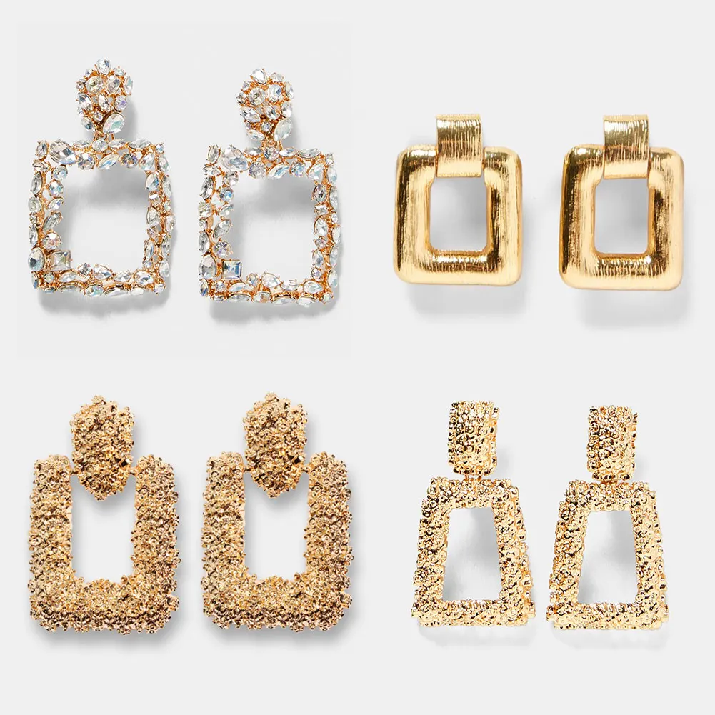

Flatfoosie ZA Square Crystal Dangle Drop Earrings Fashion Geometric Gold Color Punk Maxi Pendant Earring For Women Party Jewelry