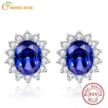 

BONLAVIE 3ct Blue Tanzanite Earrings Luxury Kate Princess Diana 925 Sterling Silver Engagement Wedding Stud Earrings Brincos