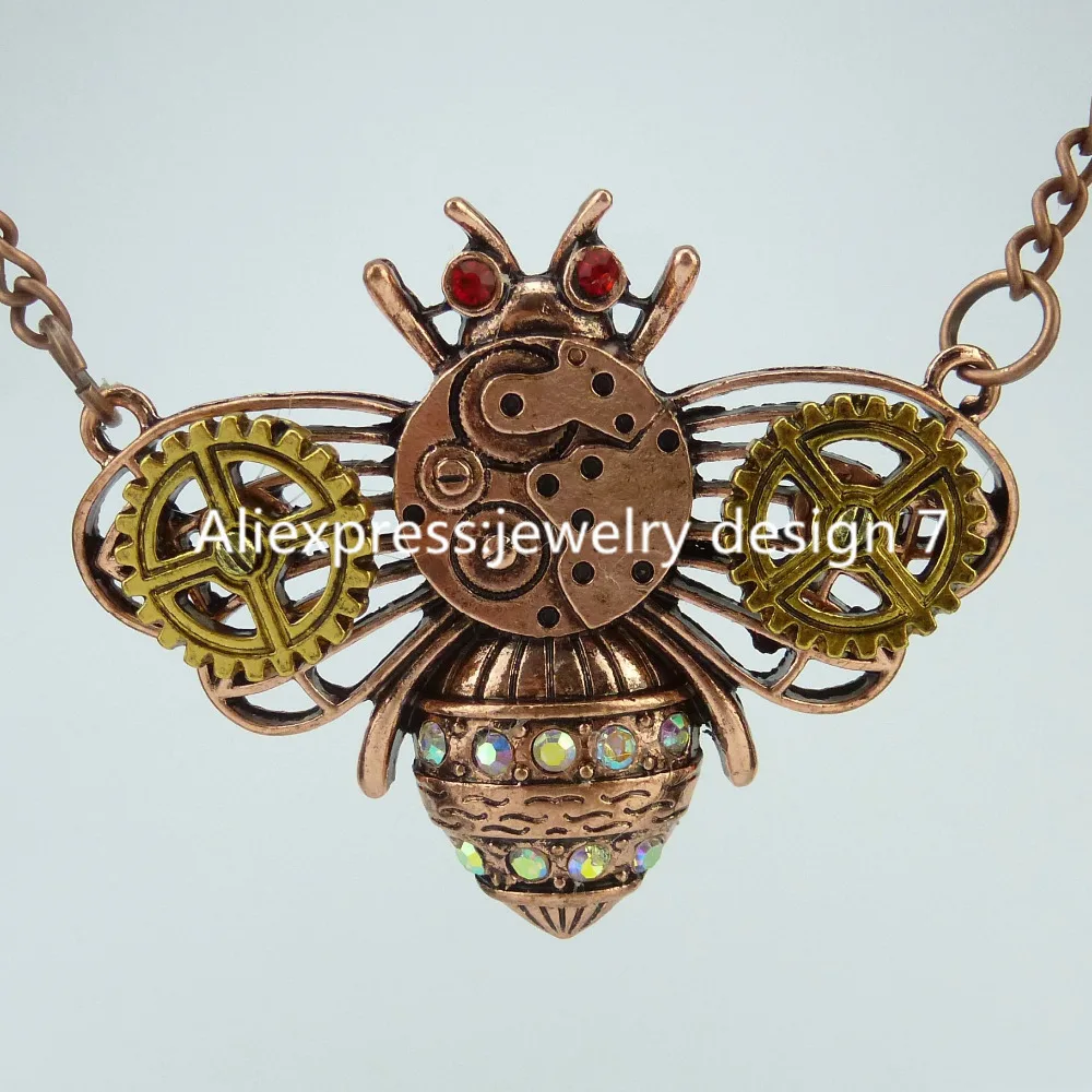 Free shipping Alloy Insect Bee Beetle Steampunk Steam Punk Gear Pendant Bumble Bee Necklace