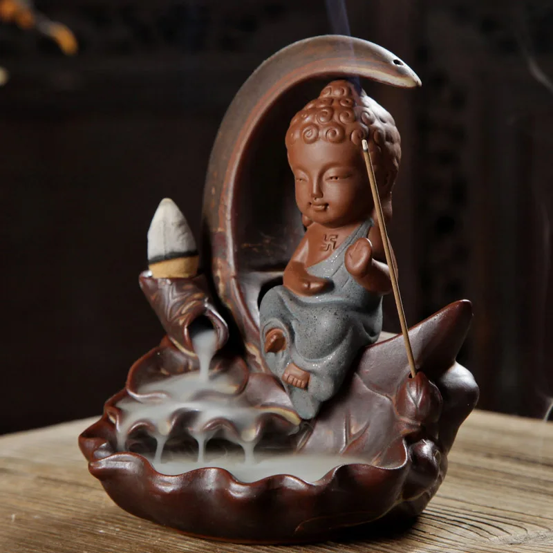 Курильница для благовоний горелки 3 цвета Керамика Будды подставка для ароматических палочек маленький монах буддийская кадильница+ 10 шт. пирамидки благовоний