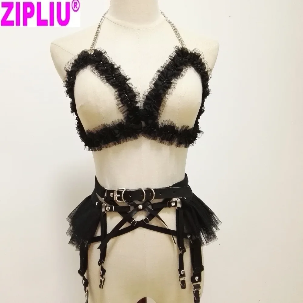 

women Sexy harness Harajuku Handmade lace Dress top and bottom punk Cloak Collar belt Chain Necklace Cape Coat Chest waisband