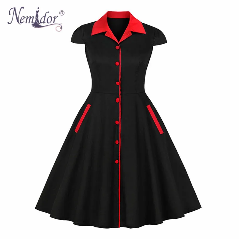 

Nemidor Women Vintage Front Button Cap Sleeve Plus Size Formal Dress Elegant Turn-down Collar Party Midi Swing Rockabilly Dress