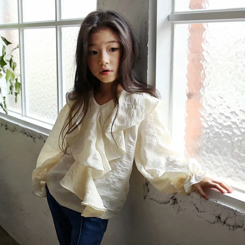 

2019 Spring New Girls Blouse Cotton Loose V-neck Lace Ruffle Solid Long Sleeve Shirts Sweet Ins Style Big Girls Party Tops