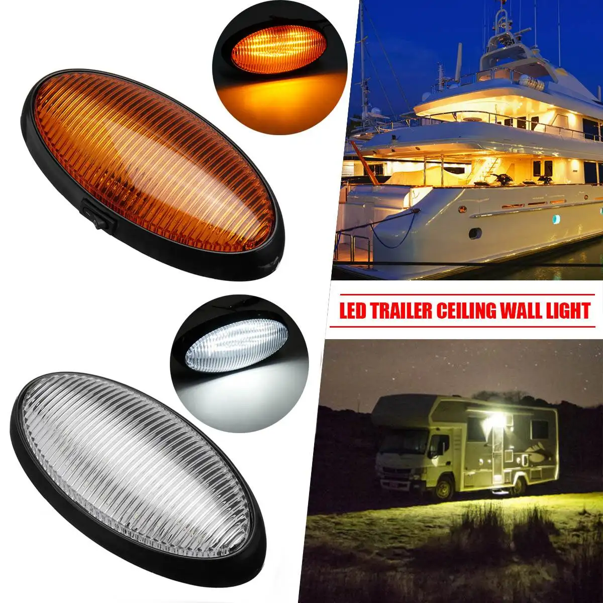 

LED Ceiling Lamp Interior 12v Oval Shape Roof Wall Light Signal Lamp with Switch for Trailer Van Yacht Boat Indoor Lighting