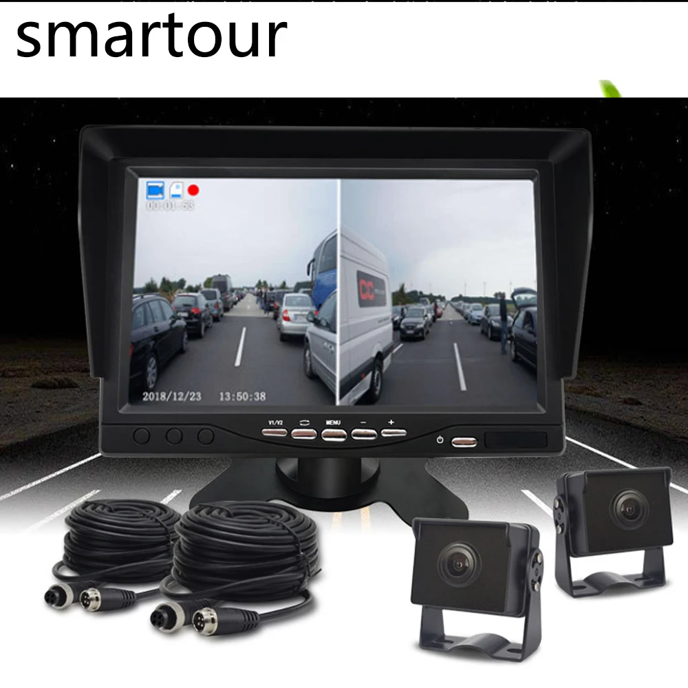 

Smartour 2CH Car Rear View Reversing Camera 7 inch Double Screen Monitor Fit For Truck/Semi-Trailer/Truck DVR Driving recorder