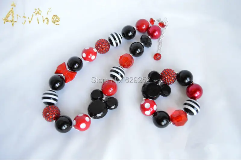 

Artvine Cartoon Red Black mouse neckalces Bubblegum Necklace chunky Bubblegum Girl Necklace&Headbband CT5