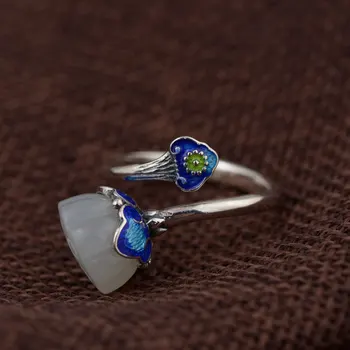

FNJ 925 Silver Flower Ring for Women Jewelry Natural Hetian Jade New Fashion Shaolan 100% Pure S925 Silver Ring Adjustable Size