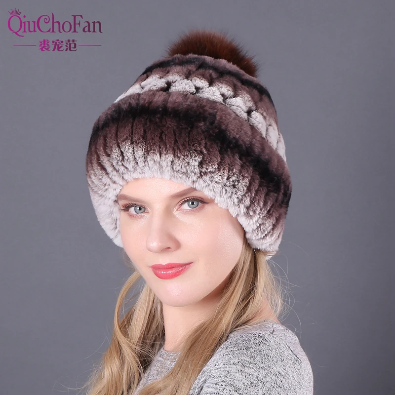 

2019 Fashion Genuine Real Rex Rabbit Fur Handmade Stripe Sew Silver Fox Fur Pom Pom Ball Women's Winter Warm Hat Cap Beanie