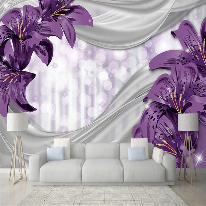 

Custom wallpaper mural lily flower silk pastoral modern living room TV background wall family art high-grade waterproof material