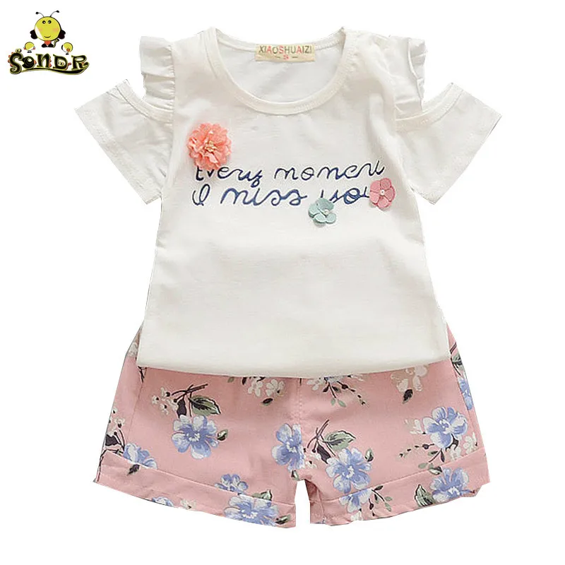 

Baby Girl Clothes Summer Off Shoulder T-shirt+ Floral Shorts Children Clothes Little Girl Kids Outfits Fashion Sport Suit Set