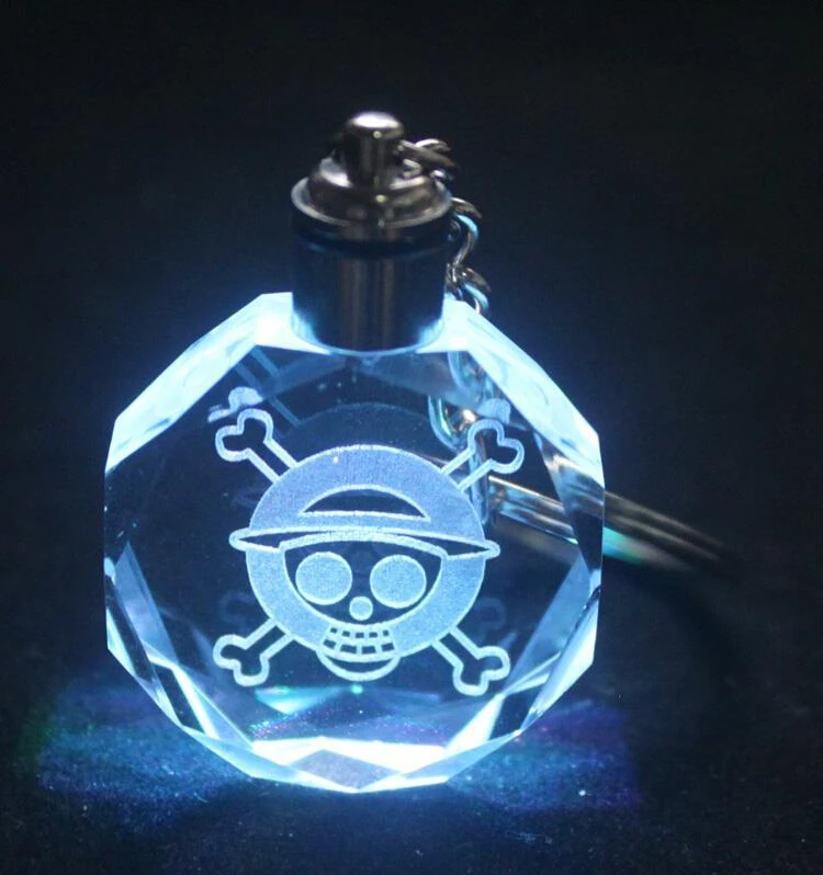 

Anime One Piece Monkey D Luffy Hat Skull Color Flash Glass Stainless Steel Key Chain With Box LED Pendant Gifts