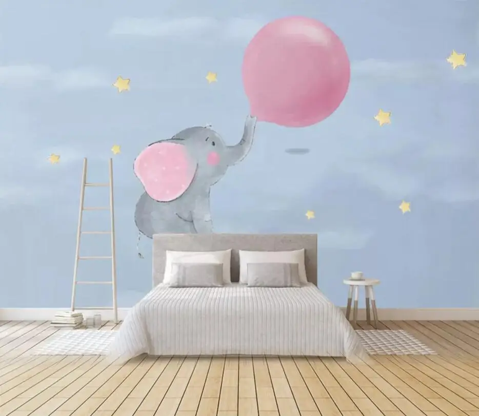 

Nordic hand - painted blowing bubbles of small elephant children room decoration wallpaper murals