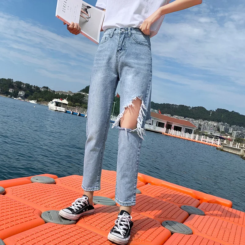 Модные офисные женские джинсы Женские однотонные отбеленные джинсы с высокой талией узкие брюки