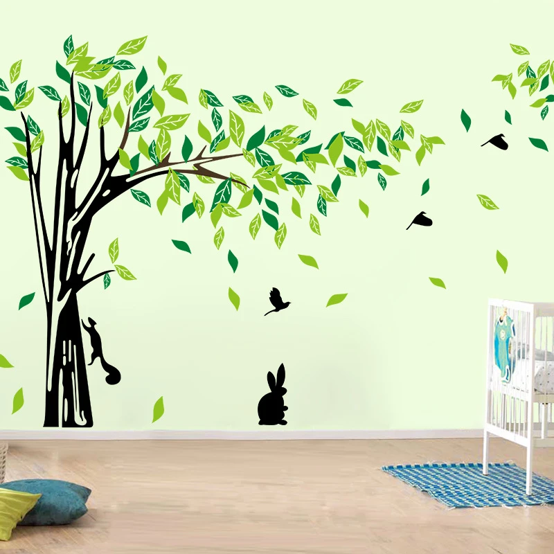 New green tree squirrel bird pattern wall stickers office classroom living  room TV background wall stickers|bird wall sticker|wall stickerwall sticker  office - AliExpress