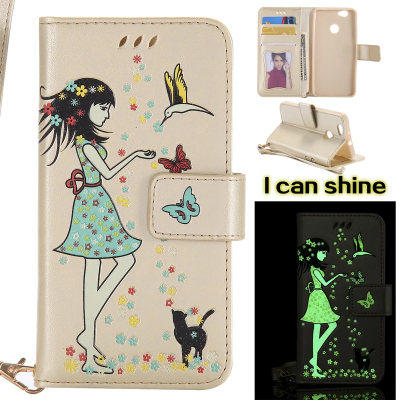 

Luminous Girl Glow Leather Flip Wallet Soft Phone Silicone Case Cover Shell Coque for Huawei Y3 Y5II Nova Plus Mate9 Honor 5A 6X