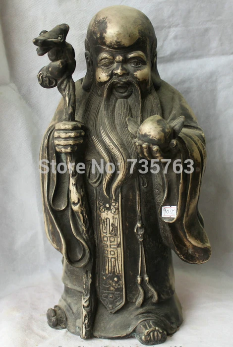 

001556 15" Chinese Folk Bronze Silver Longevity Star Hand Peach Crutch Statue Sculpture