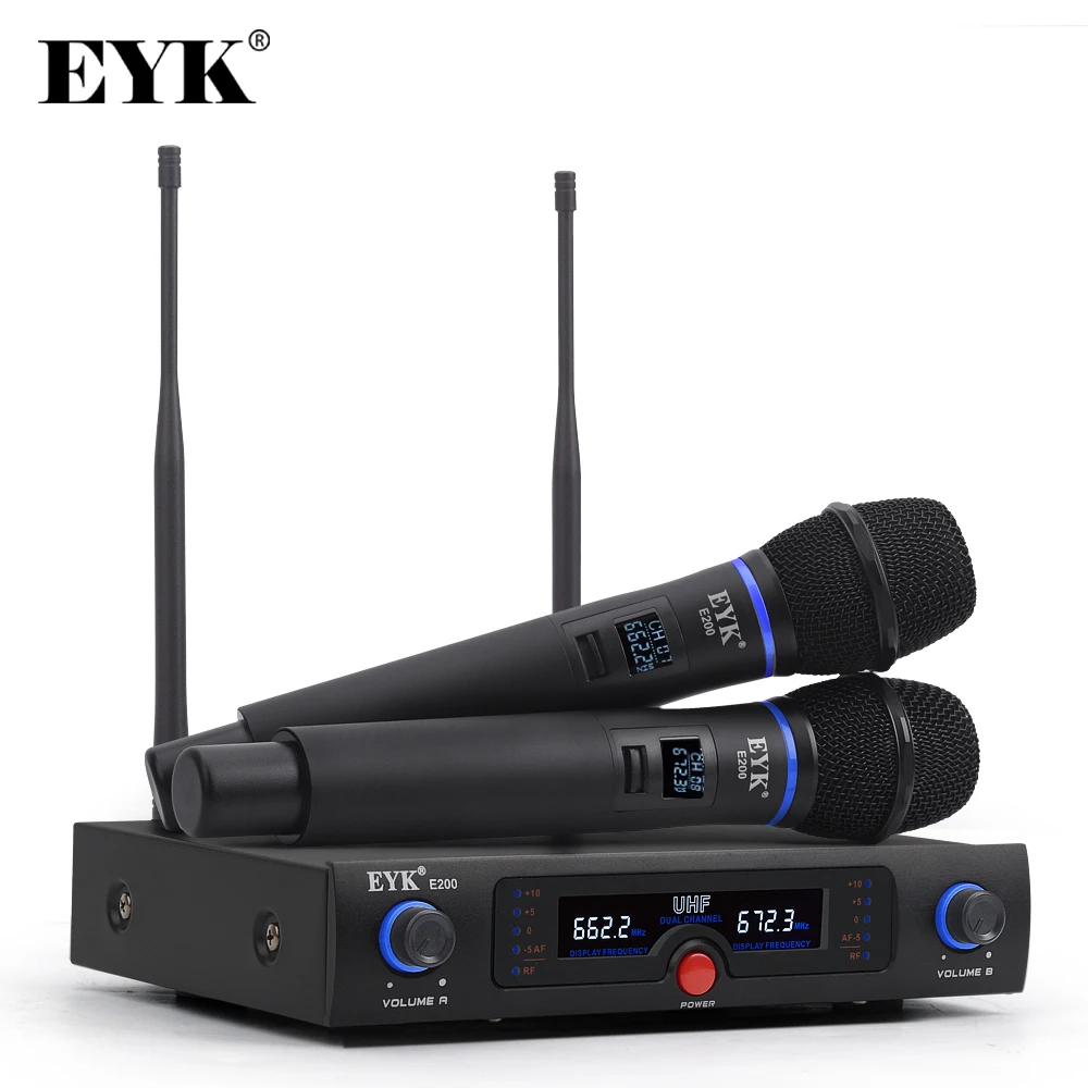 EYK E200 длинный диапазон UHF двухканальный Беспроводной микрофон Системы цельного металла ручной микрофон с новыми светильник дизайн для караоке