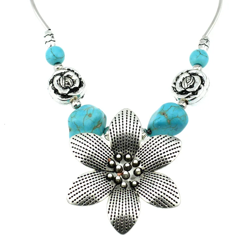 NR099 цветок синий камень кулон Тибетский серебристый цвет чокер воротник ожерелье ювелирные изделия бижутерия для женщин