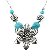 NR099 цветок синий камень кулон Тибетский серебристый цвет чокер воротник ожерелье ювелирные изделия бижутерия для женщин