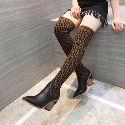 

2018 autumn new knee stretch knit stitching wool letter pointed high heels comfortable trend street beat