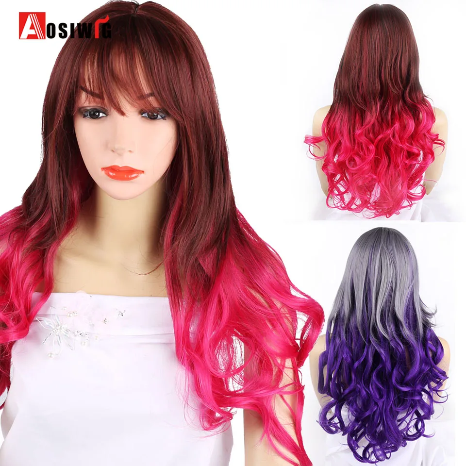 

AOSI Synthetic 20" Long Wavy Ombre Sliver Mix Red Purple Wig With Bangs Cosplay Daily Wigs For Women Heat Resistant