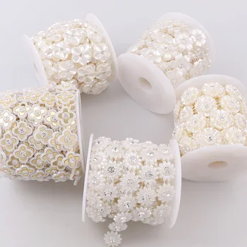 

1 Roll Flower Shape ABS Pearl Rhinestone Beads Chain Fashion Women Wedding Dress Crafts Appliques Garment Chain Jewelry Decor