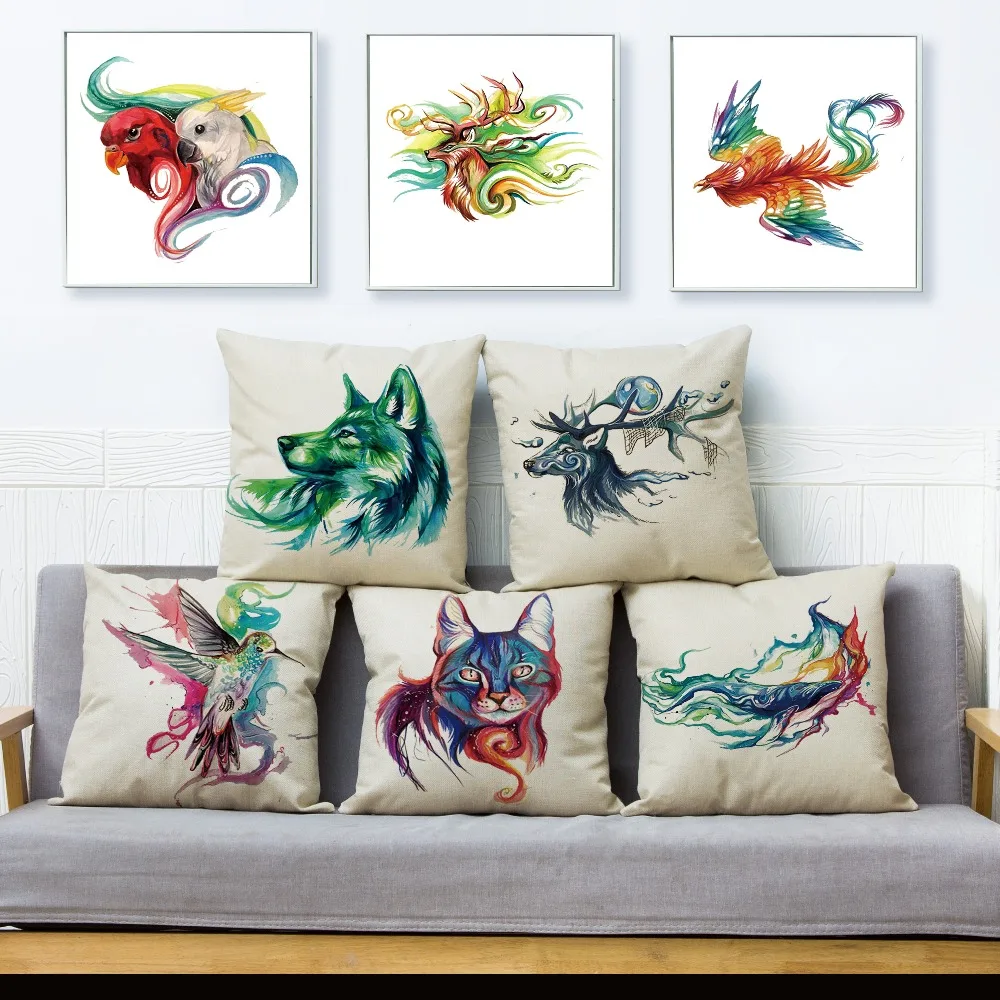 

Watercolor Animal Print Throw Pillow Cover 45*45cm Cushion Covers Linen Pillows Cases Car Sofa Home Decor Cat Bird Pillow Case