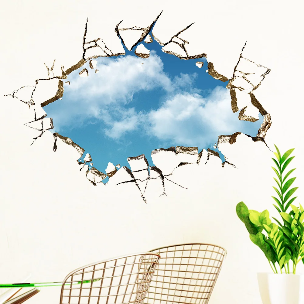 Голубое небо облако 3D эффект сломанной стены стикеры для гостиной спальни потолок украшения Съемный ПВХ материал обои плакаты