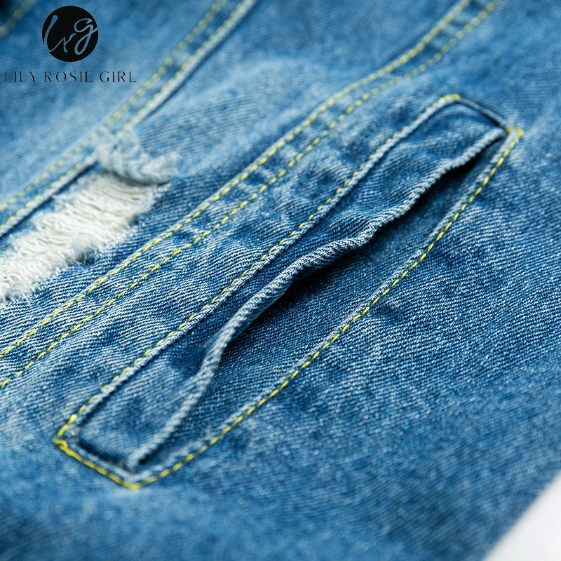 Lily Rosie Girl Blue Ripped Hollow Out Denim Jacket Casual Pocket Long Coat Autumn Winter 2017 Womens Basic Outwear Streetwear