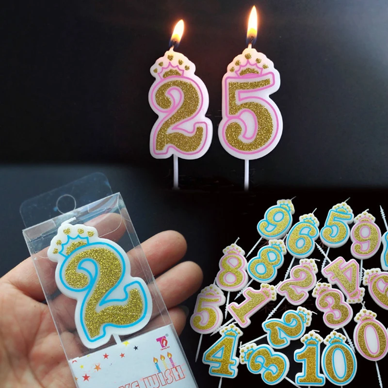 

0-9 Number Candle Shinning Gold Pink Blue Crown Birthday Candles Cake Topper for Kids Girls Boys Birthday Party Number Candles
