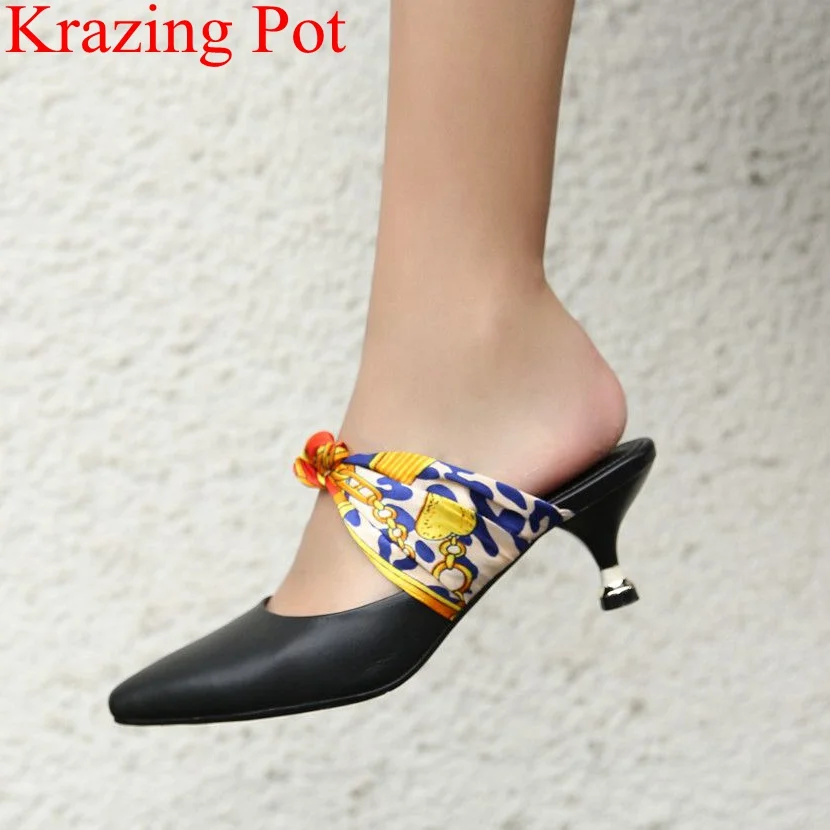 

2018 fashion pointed toe cow leather strange style party women sandals slingback riband handmade mules casual summer shoe L85