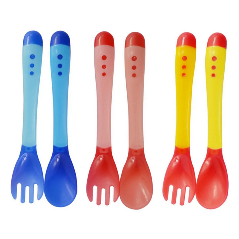 

2018 New PP Safety Temperature Sensing Spoon And Fork Baby Flatware Feeding Spoon Fork Infant Kids Feeding Tools