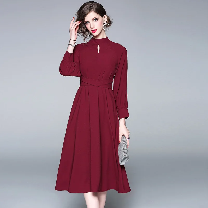 

New Stand Collar Long Sleeves Slim Big Swing Dress Fashion Retro Wine Red Party Gown Maxi Dresses Vestido