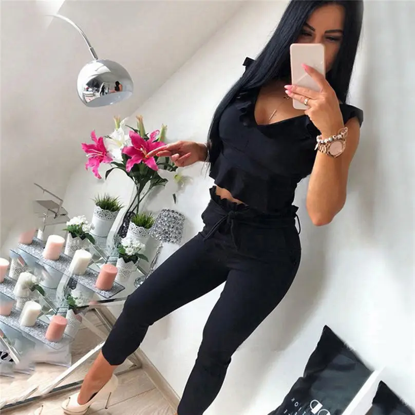 

2019 New Women Casual Solid Ruffled Sleeve Top Long Pants Sets Two-Piece Suits Woman Suit 2 piece set women tracksuit #4A01
