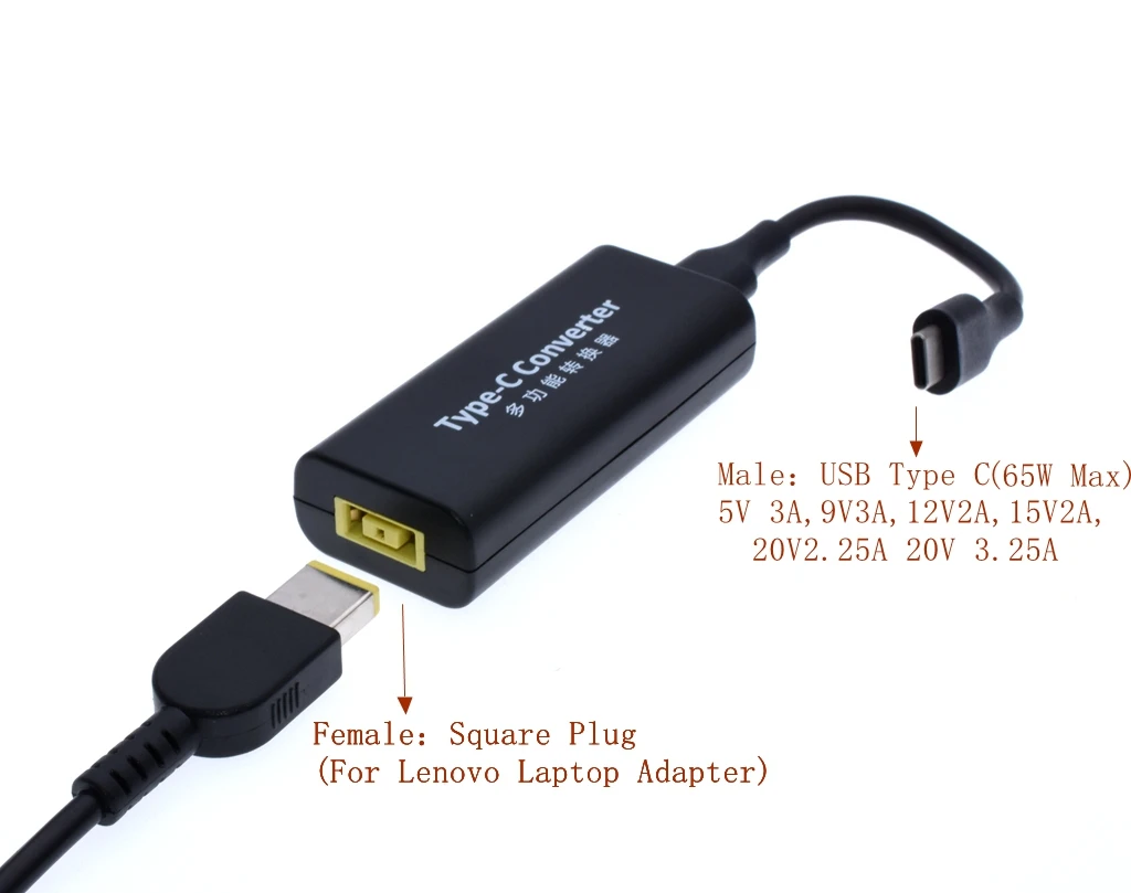 DC usb type C Мужской мощность зарядное устройство конвертер адаптер разъем для lenovo Dell Hp Asus ноутбук адаптер 20 в 2.25A квадратный разъем Женский