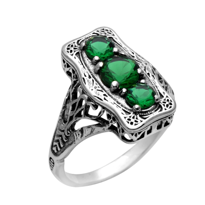 

Vintage 925 Sterling Silver Women Cocktail Rings Hollow Silver Base CZ Created Emerald Evening Party Ring Finger Fine Jewelry