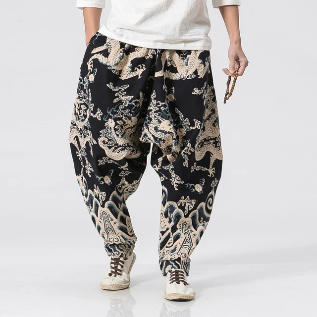 New Dragon Printing Harem Pants Men Style Casual Loose Cotton Linen Sweatpants Jogger Pants Mens Streetwear Trousers