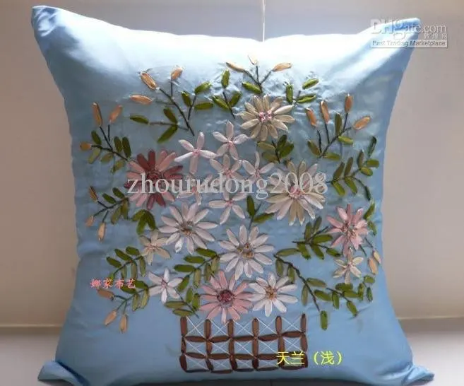 Light sky blue Ribbon embroidery pillow cushion cover hand embroidered