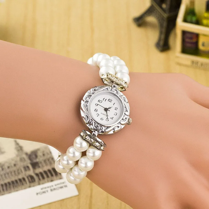 Fashion Luxury Women Faux Pearl Watches Analog Bracelet Quartz Wrist